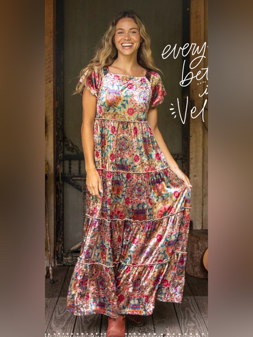 Boho Floral Velvet Maxi Dress - Multicolor